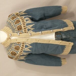 Hand-knit Lopapeysa Cardigan Sweater Wool Denmark Vintage Blue & Tan SeeMeasurem